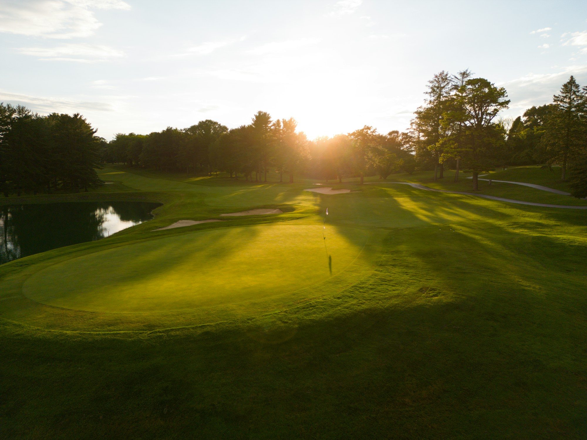 Golf green in golden morning light